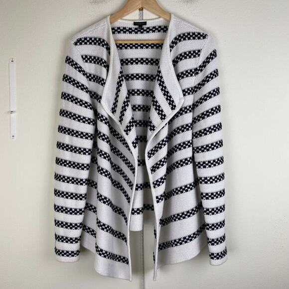 Talbots Stripe Open Cardigan Size L White Black Textured Cotton Old Money Yacht - Picture 6 of 12